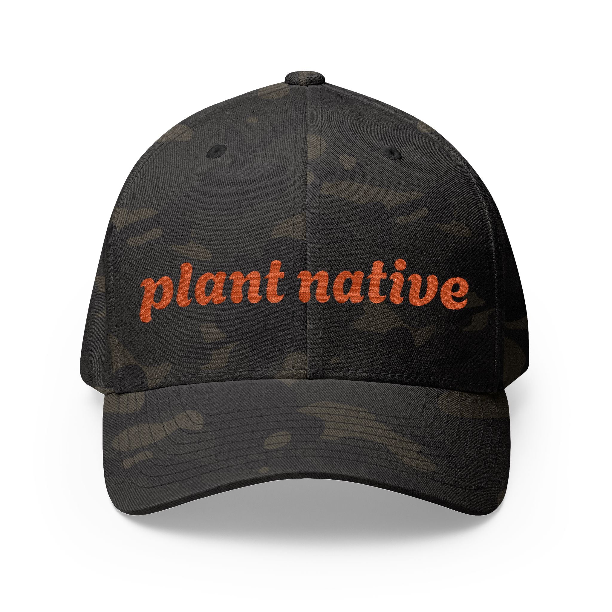 "PLANT NATIVE"  Camo Closed-Back Structured Cap (Embroidery)