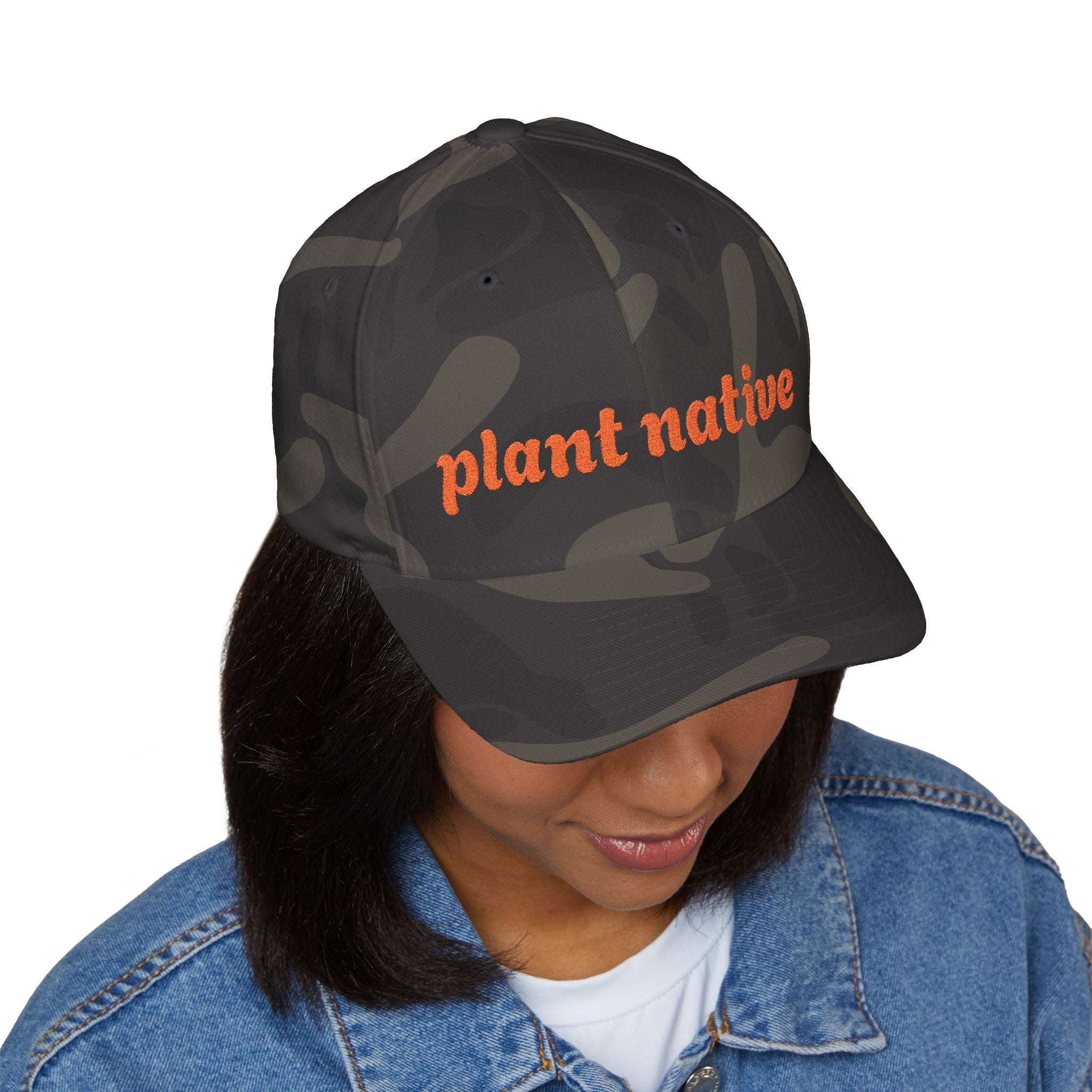 "PLANT NATIVE"  Camo Closed-Back Structured Cap (Embroidery)