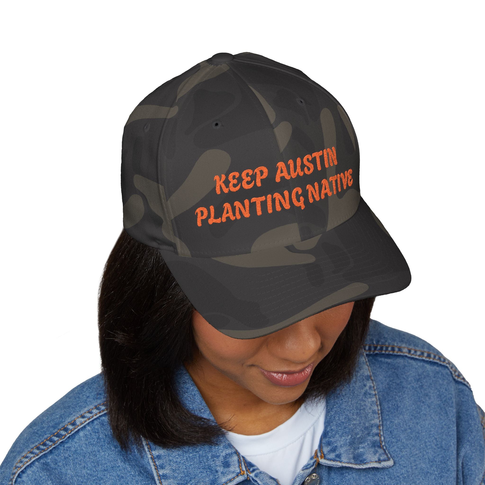 "KEEP AUSTIN PLANTING NATIVE"  Camo Closed-Back Structured Cap (Embroidery)